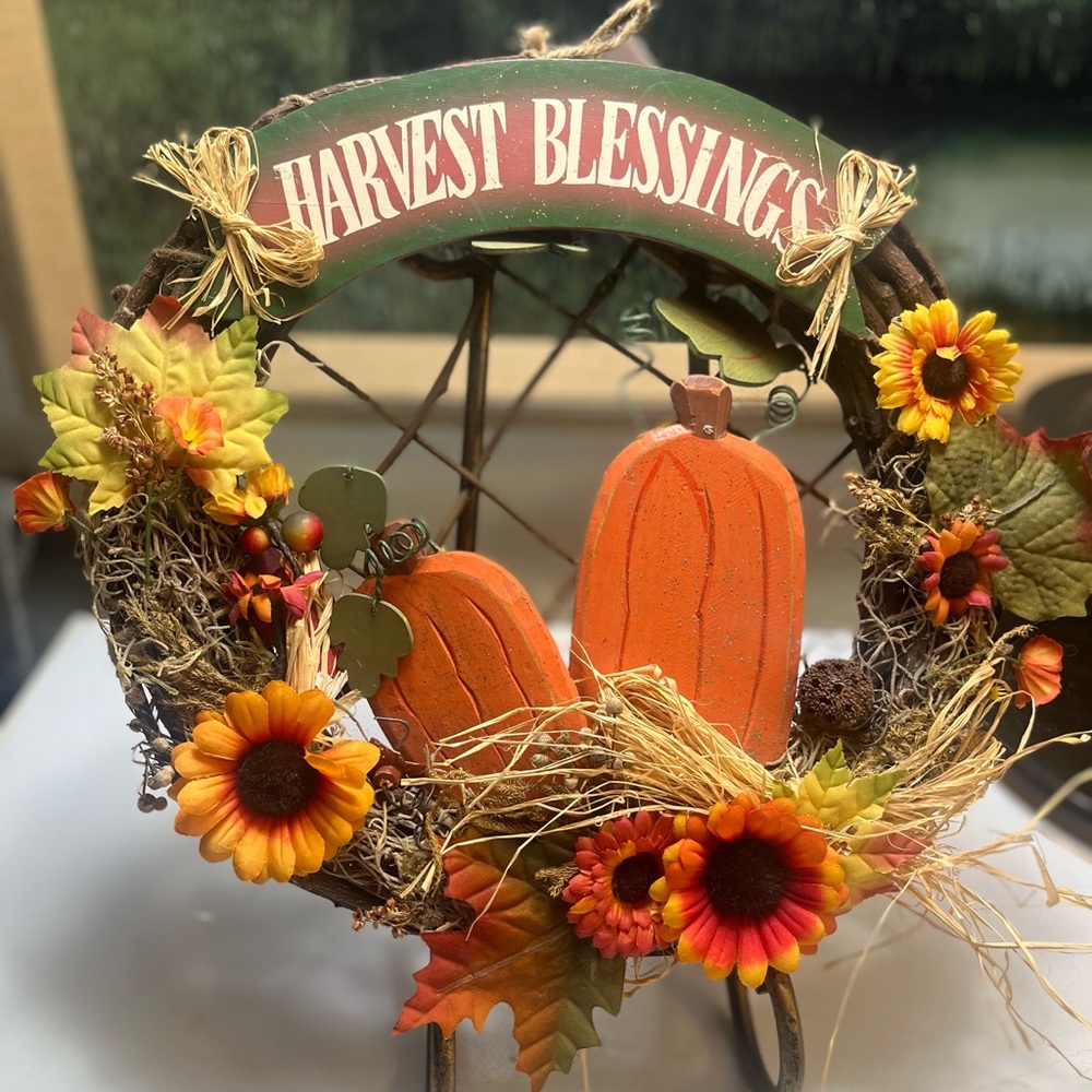 Harvest blessing wreath. 13 inches round.
#B-100
